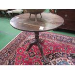 Georgian oak tilt-top circular table, a/f, 79cms diameter, 75cms height. Estimate £30-40