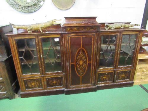 Large Edwardian inlaid mahogany break-front display cabinet, 230cms x 50cms x 146cms. Estimate £