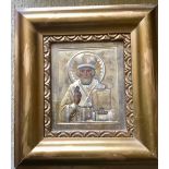 Russian orthodox hand painted Oklad icon of St. Nicholas The Miracle Worker of Myra with the Mark of