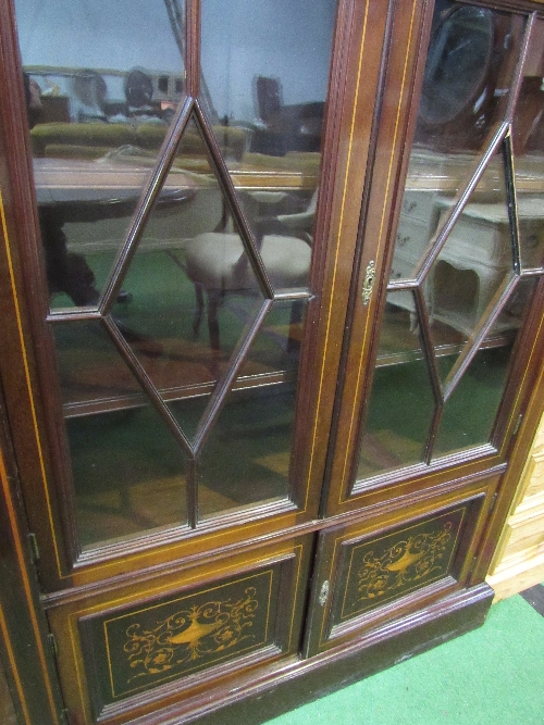 Large Edwardian inlaid mahogany break-front display cabinet, 230cms x 50cms x 146cms. Estimate £ - Image 3 of 5