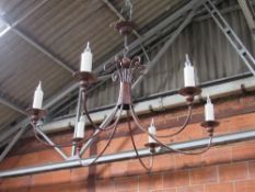 2x 6 branch bronze-effect chandeliers with candle-effect bulbs & spare bulbs. Estimate £100-150