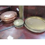 Brass shell case, 3 brass spun-out shell cases to form trays, brass chestnut roaster & a copper