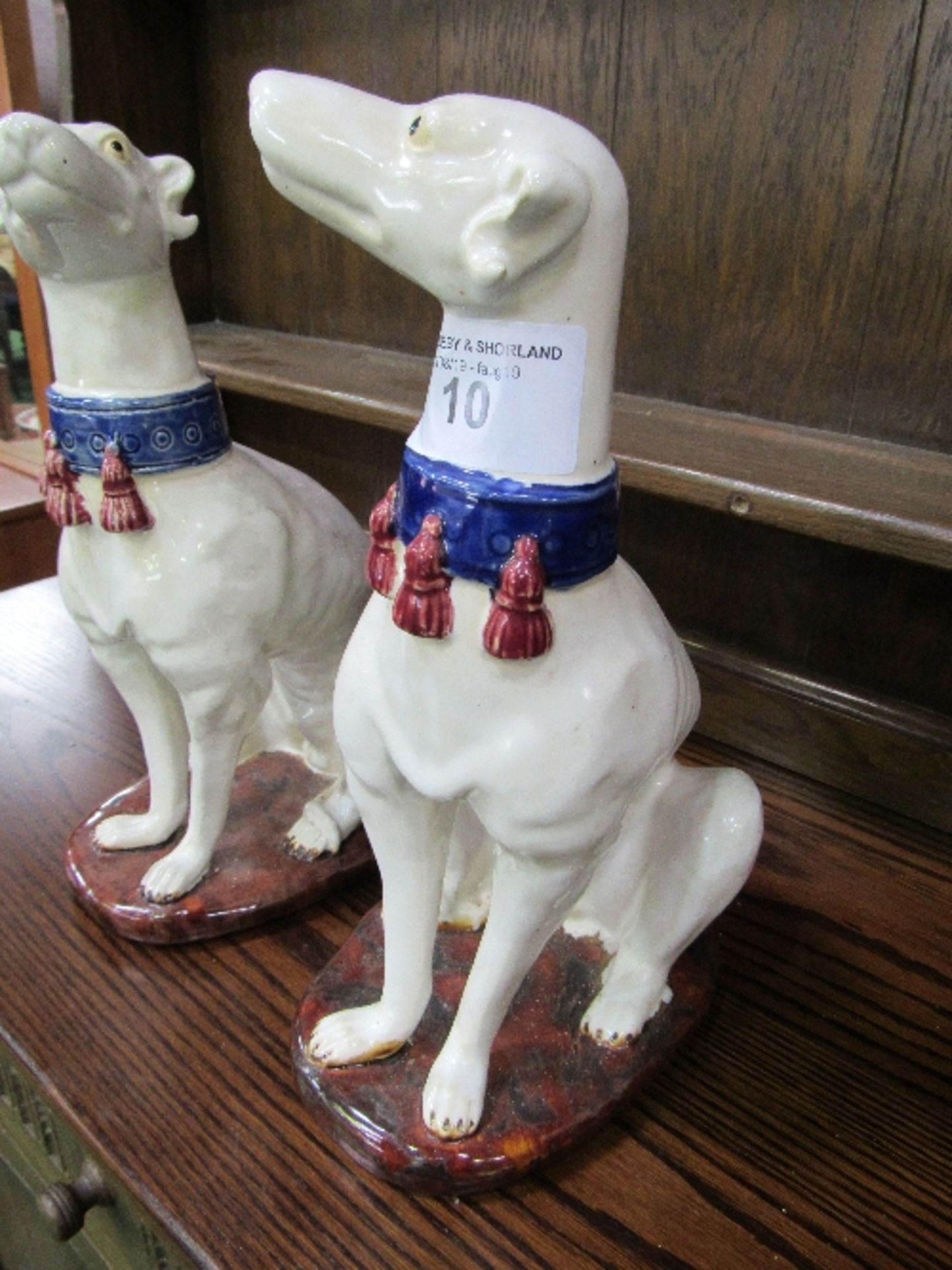 Pair of Majolica greyhound figures painted white with blue collars, height 36cms. Estimate £50-80 - Image 3 of 5