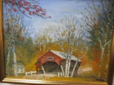 Framed oil on canvas 'Covered Bridge, Jackson, New Hampshire', signed Packer & a framed oil on