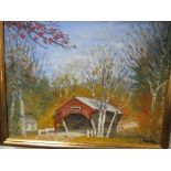 Framed oil on canvas 'Covered Bridge, Jackson, New Hampshire', signed Packer & a framed oil on