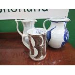 3 pieces of Aldermaston pottery: blue jug, height 19cms by Edgar Campden , pale blue jug, height