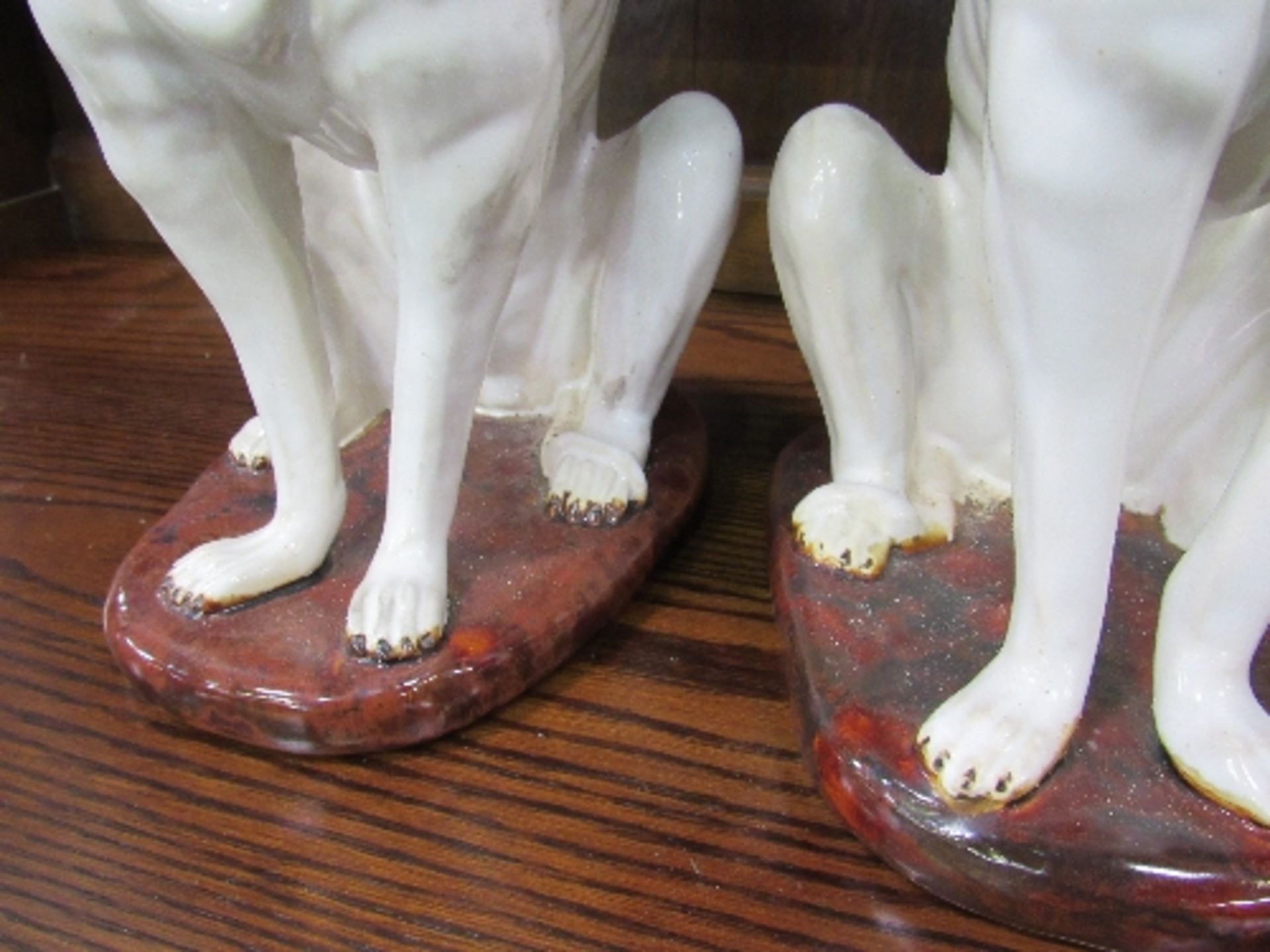 Pair of Majolica greyhound figures painted white with blue collars, height 36cms. Estimate £50-80 - Image 4 of 5