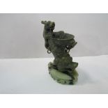 Vintage Chinese spinach jade horn of plenty Libation cup with Qinglin dragon handle & dragon head