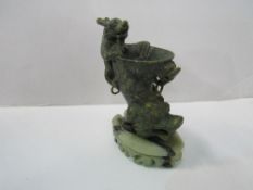 Vintage Chinese spinach jade horn of plenty Libation cup with Qinglin dragon handle & dragon head