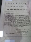 Early printed Broadside on Oxford: Mr President & The Fellows & Schollers of St. John's College in