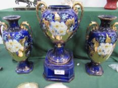 Trio of blue glazed, gold & floral decorated vases. Estimate £125-150