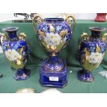 Trio of blue glazed, gold & floral decorated vases. Estimate £125-150