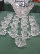 Cut glass punch bowl & 17 cut glass cups with handles