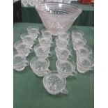 Cut glass punch bowl & 17 cut glass cups with handles