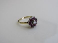 18ct gold, ruby & diamond cluster ring, size P, weight 3.7gms. Estimate £150-200