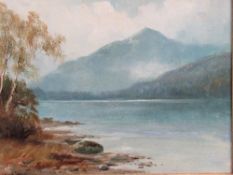 Framed oil on board of mountain & lakeside scene, signed Hadfield Cubley