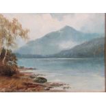 Framed oil on board of mountain & lakeside scene, signed Hadfield Cubley