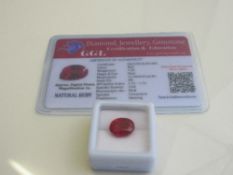 Natural oval cut ruby, weight 7.50 carat with certificate. Estimate £50-70