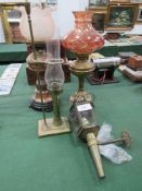 Copper oil lamp, 2 brass oil lamps & a brass wall mounted oil lamp. Estimate £30-50