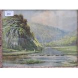 Decorative framed & glazed watercolour of a mountain & river scene, signed H Hadfield Cubley