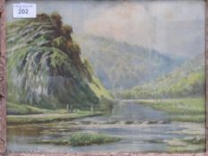 Decorative framed & glazed watercolour of a mountain & river scene, signed H Hadfield Cubley