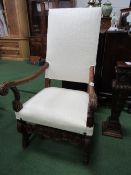 19th century French carved walnut library chair, recently re-covered. Estimate £80-100