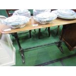 Mahogany sewing table on cast iron stretcher base, 106cms x 46cms x 73cms. Estimate £20-30