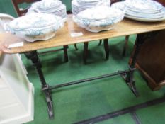 Mahogany sewing table on cast iron stretcher base, 106cms x 46cms x 73cms. Estimate £20-30