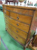 Mahogany bow front chest of drawers with long frieze drawer above 2 over 3 graduated drawers, 115cms