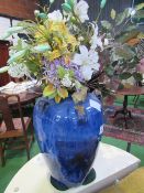 Large blue ceramic vase c/w artificial flowers, height 52cms. Estimate £20-40