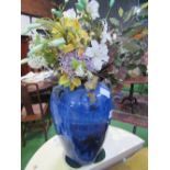 Large blue ceramic vase c/w artificial flowers, height 52cms. Estimate £20-40