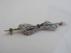 15ct gold, platinum, diamond & sapphire brooch in the form of a bow in original box from Edward &