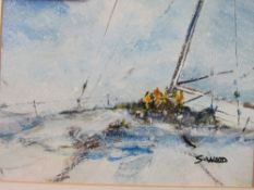 Framed & glazed acrylic of a sailing yacht, signed Wood, 3 framed & glazed prints & a framed &