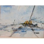 Framed & glazed acrylic of a sailing yacht, signed Wood, 3 framed & glazed prints & a framed &