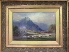 Gilt framed oil on board of mountain & river scene, signed H Cubley, on reverse is written: 'Barston