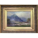 Gilt framed oil on board of mountain & river scene, signed H Cubley, on reverse is written: 'Barston