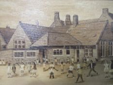 Monochrome framed oil on board of school playground scene by A E Brooke, 1976. Estimate £5-10