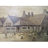 Monochrome framed oil on board of school playground scene by A E Brooke, 1976. Estimate £5-10