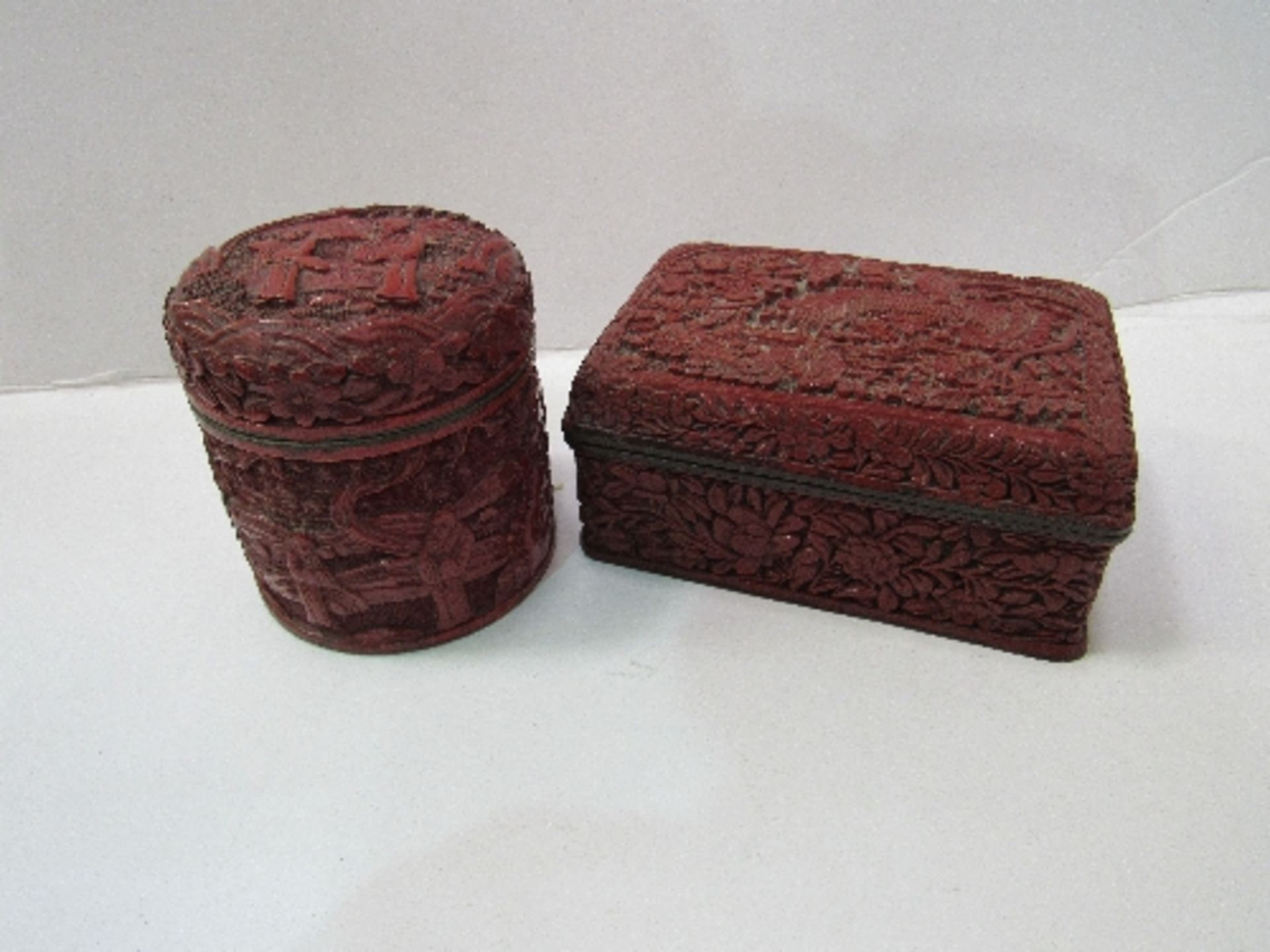 2 oriental cinnabar boxes (one on enamel & the other wood). Estimate £30-40