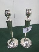 Pair of Tulip bowl candlesticks with tapered octagonal stems which are bright cut chased saucer