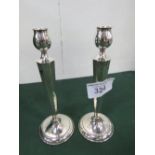 Pair of Tulip bowl candlesticks with tapered octagonal stems which are bright cut chased saucer