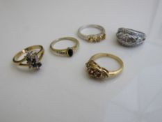 2 tested gold rings, size P 1/2 & N, 925 silver & CZ fashion ring & 2 costumes rings. Estimate £50-
