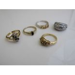 2 tested gold rings, size P 1/2 & N, 925 silver & CZ fashion ring & 2 costumes rings. Estimate £50-