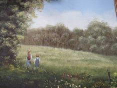 Framed oil on canvas of children in a meadow & a framed & glazed watercolour of dunes, signed