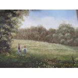 Framed oil on canvas of children in a meadow & a framed & glazed watercolour of dunes, signed