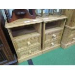 2 pine bedside cabinets with drawers, 43cms x 38cms x 65cms.