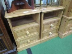 2 pine bedside cabinets with drawers, 43cms x 38cms x 65cms.