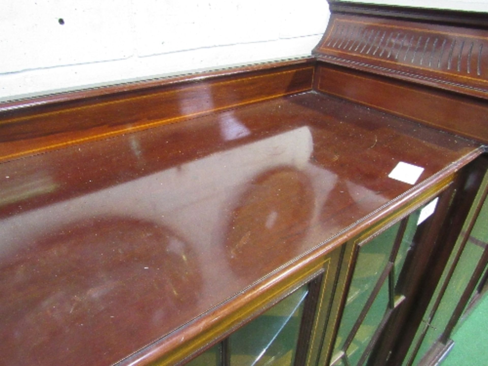 Large Edwardian inlaid mahogany break-front display cabinet, 230cms x 50cms x 146cms. Estimate £ - Image 5 of 5