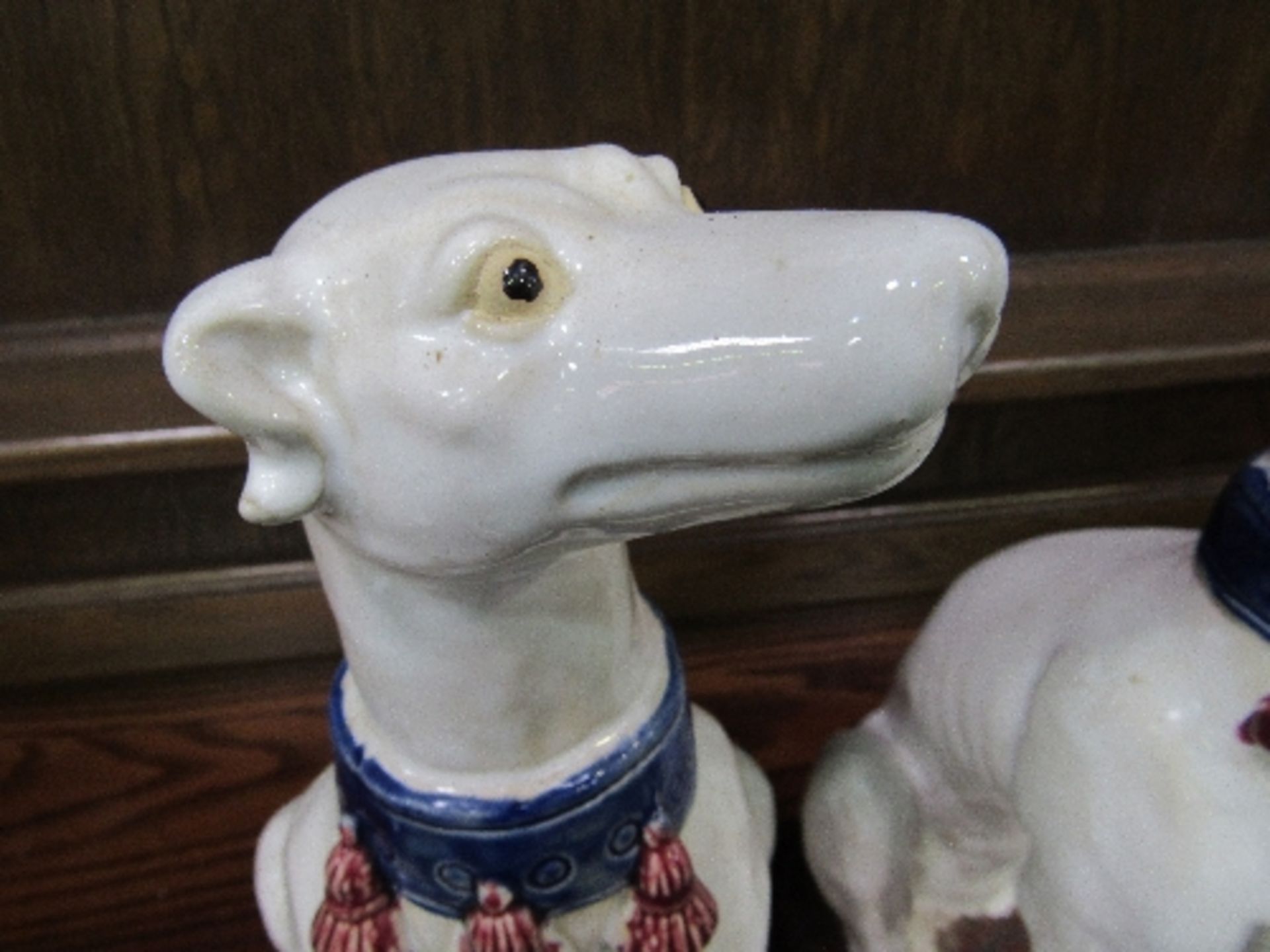 Pair of Majolica greyhound figures painted white with blue collars, height 36cms. Estimate £50-80 - Image 5 of 5