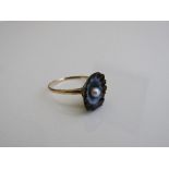 Gold ring with a seed pearl in a blue enamel shell setting, size R 1/2, weight 2.3gms. Estimate £
